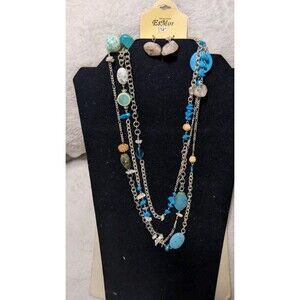 NWT EsMor 74" Extra Long Boho Layering Necklace & Earring Set Turquoise Blue NOS